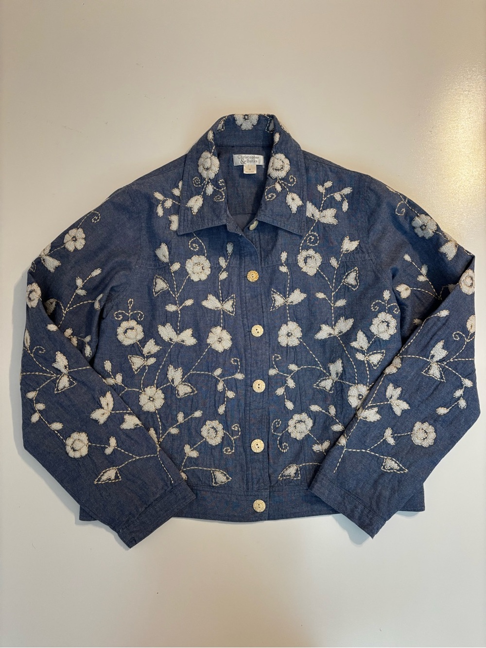 Christopher & Banks Navy Denim Jacket with White & Tan Floral Embroidery